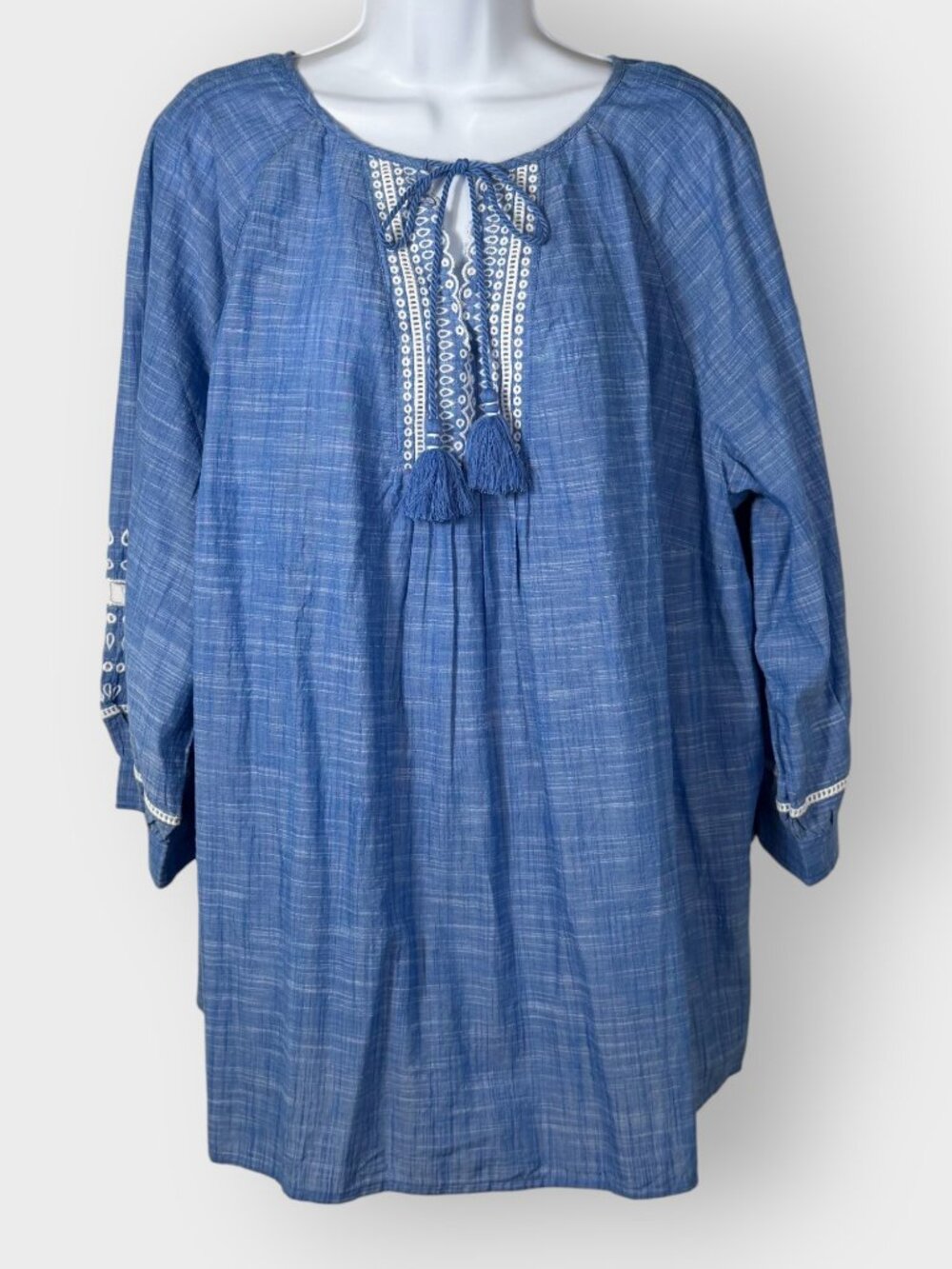 NEW Talbots Blue Embroidered Cotton Tunic Blouse Tassel Tie 3X Beachy Coastal
